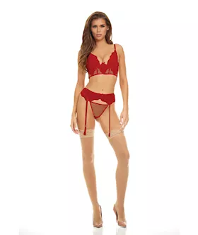 Bombshell Boudoir Lace & Mesh Peek A Boo Wire Bra, Garter Belt & G-string Red Md