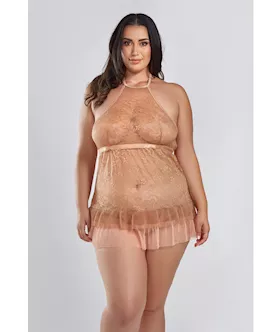 Amber Halter Lace Babydoll W/tiered Pleated Mesh Skirt Hem & G-string Brown 1x