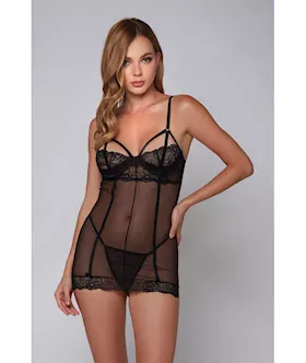 Lea Strappy Lace Chemise & G-string Black Md
