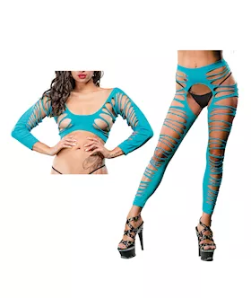 Beverly Hills Naughty Girl Crotchless Side Straps Leggings Turquoise O/s