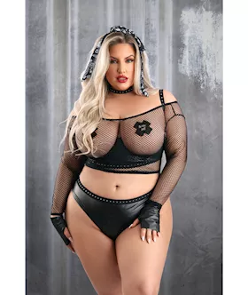 Play Easy Rider Open Cup Bra, Fishnet Top, Panty, Choker, Gloves, Bandana & Pasties Black 3x/4x