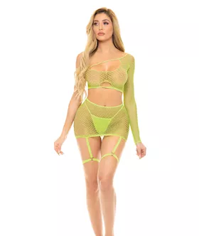 Pink Lipstick Right Thru Me Fishnet Top, Garter Skirt & G-string Neon Green O/s
