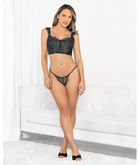 Silver Lurex Lace Corset Top W/g-string Black/silver Sm