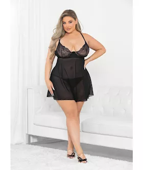 Raised Embroidery Lace Babydoll Black 1x