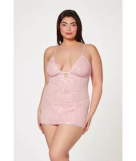 Floral Mesh Chemise & G-string Pink 3x/4x