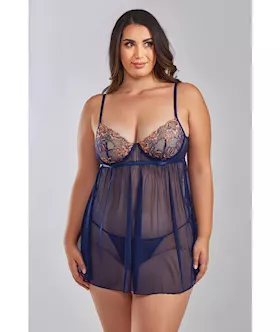 Jennie Cross Dyed Galloon Lace & Mesh Babydoll Navy 3x