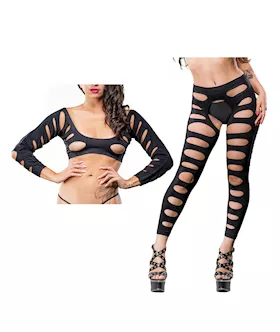 Beverly Hills Naughty Girl Crotchless Leggings W/varigated Holes Black O/s