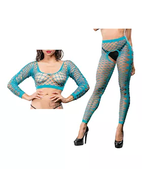 Beverly Hills Naughty Girl Crotchless Front Mesh & Side Design Leggings Turquoise O/s