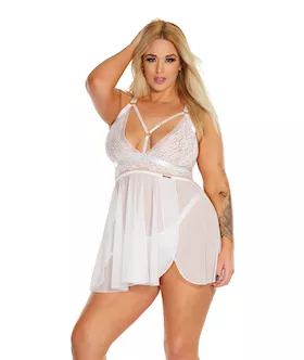Black Label Net & Scallop Lace Babydoll W/side Slit & Thong White Os/xl
