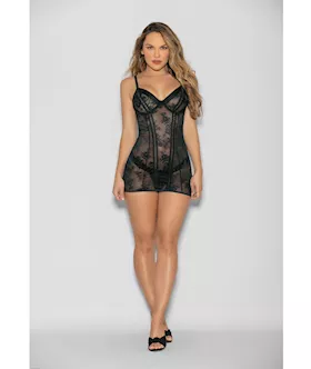 Flame Fetish Boss Lady Lace Up Back Chemise & Wide Band Thong Black Sm