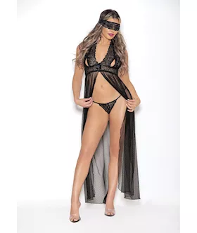 Euphoria Long Gown W/peek A Boo Cups, Open Crotch Panty & Mask Black O/s
