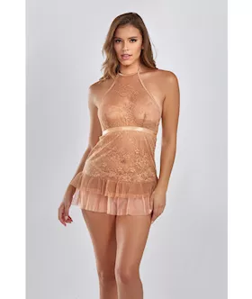 Amber Halter Lace Babydoll W/tiered Pleated Mesh Skirt Hem & G-string Brown Md