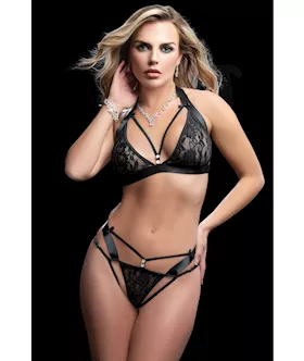 Wide Strap Halter Bra W/cut Outs & Thong Black O/s