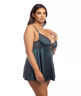 Diana Satin & Lace Babydoll W/ring & Keyhole Detail Reflecting Pond 2x