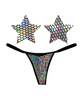 Neva Nude Naughty Knix Mirrored Mayhem Holographic G-string & Pasties - Black O/s