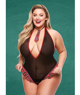 Teacher's Pet Schoolgirl See Thru Crotchless Teddy W/tie Black/red Qn