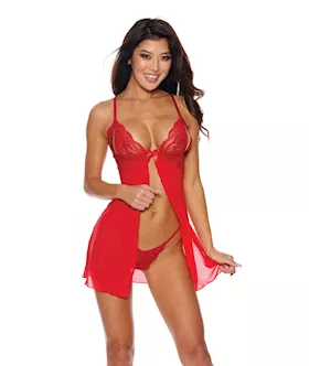 Mesh & Lace Tie Front Babydoll W/g-s
