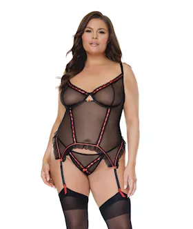 Mesh Underwire Garterbelt Bustier W/g-string Black 3x/4x