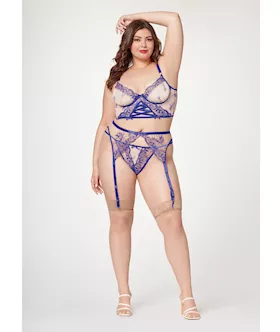 Sheer Stretch Mesh W/floral Contrast Embroidery Bustier, Garter Belt & Thong Blue/nude 3x/4x