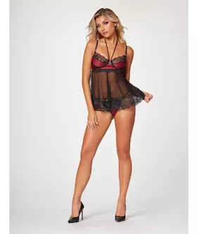 Satin & Lace Halter Demi Cup Babydoll & Thong Black/wine Md