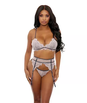 Floral Lace Bra, Cage Garter Belt & G-string Dusty Pink Md