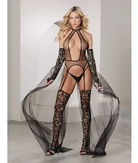 Private Dancer Gartered Teddy W/thigh High Stocking & Detachable Train Black Md