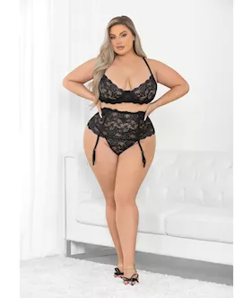 Floral Lace Bra, High Waist Garterbelt & G-string Black 2x