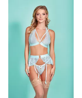Mercedes Cross Dyed Galloon Lace Strappy Halter Bra, Garter Skirt & G-string Light Blue Md
