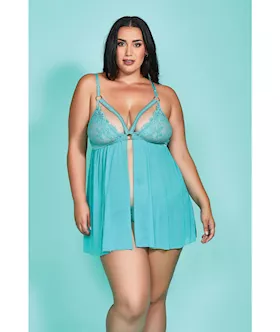 Riley Eyelash Lace Soft Cup Babydoll & Panty Teal 1x