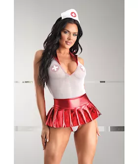 Play Pulse Check Collared Teddy W/open Back, Pleated Skirt, Medic Hat & Pasties Red/white L/xl