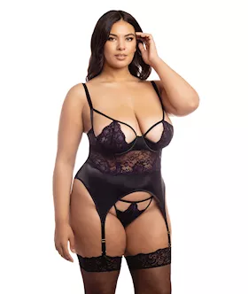 Demi Padded Shelf Cup Merrywidow W/overlay Lace & Panty Black/heliotrope 2x