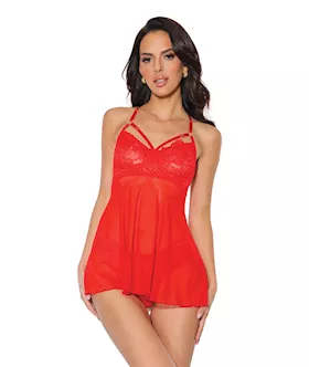 Holiday Scallop Stretch Lace & Mesh Babydoll & Thong Red/gold Xl