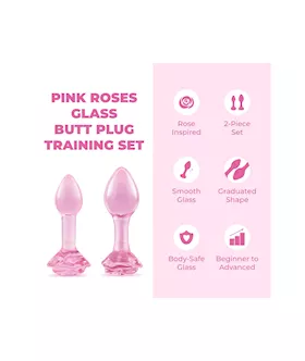 B Vibe Pink Roses Glass Butt Plug Training Set
