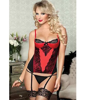 Simply Stunning Bustier Garters Thong Medium Red Black