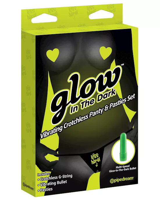 Glow In The Dark Vibrating Crotchless Panty and Pasties Set Kiss Here