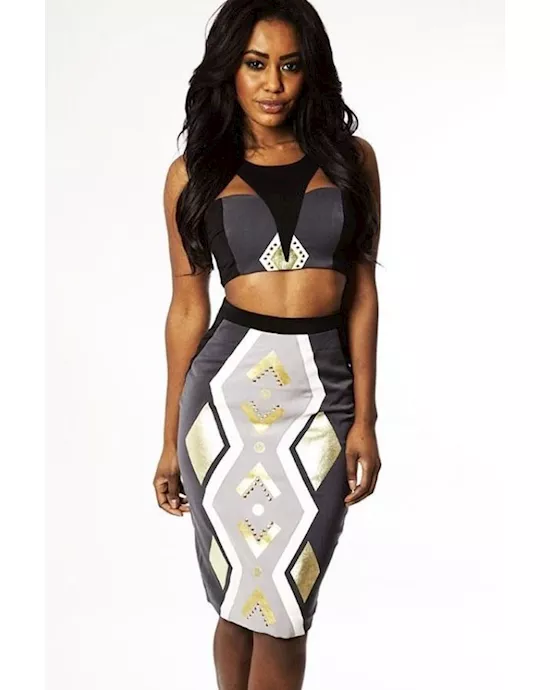 2pcs gray gold tribal bodycon bandage dress