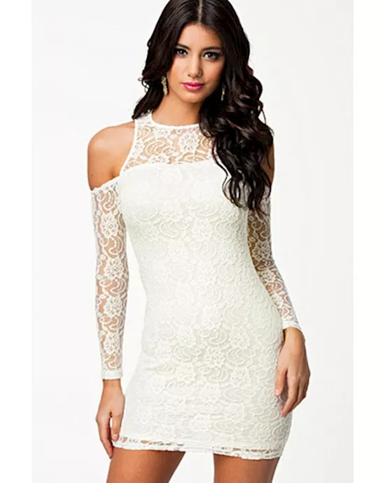angelic white cold shoulder lace mini dress
