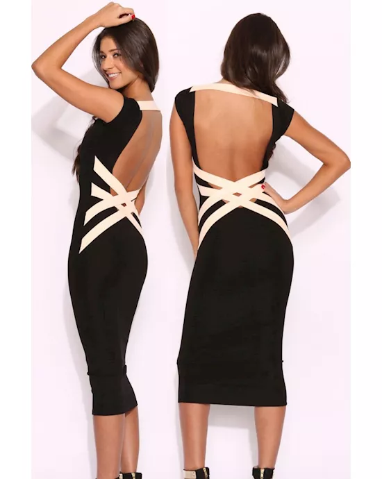 black bandage crossed back party midi dress