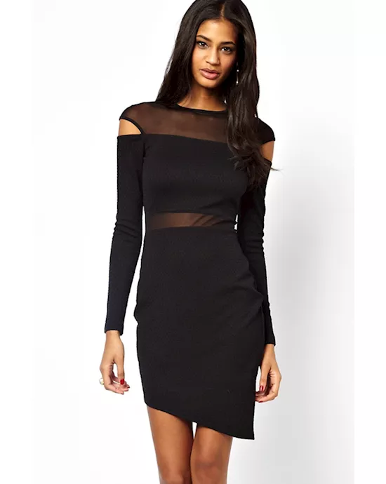 black bias skirt mesh spliced bodycon dress