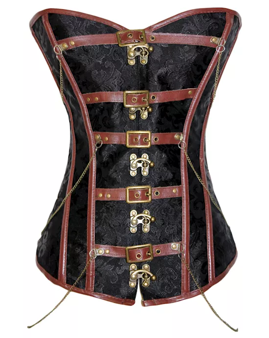 black brocade corset with brown leather