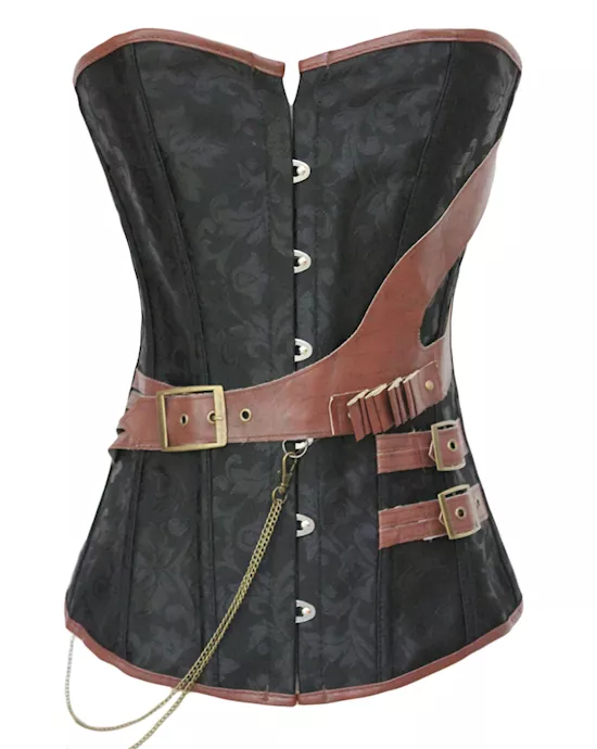 black brocade steampunk boned corset with leather strap