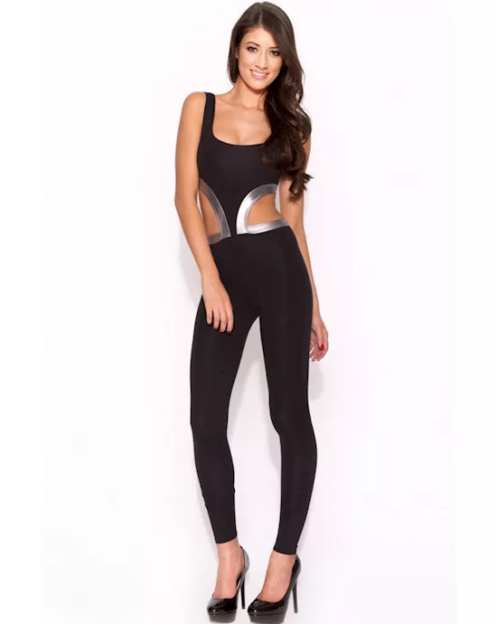 black cutout jumpsuit with silver bandage trim