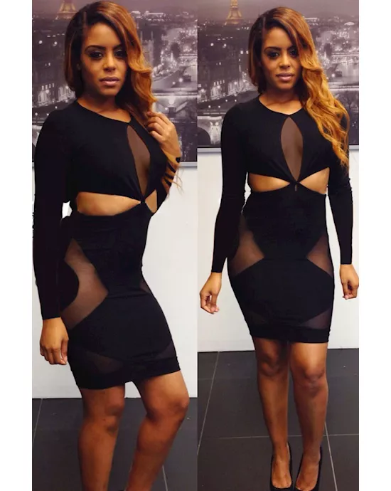 black geometric black stretch mesh club dress
