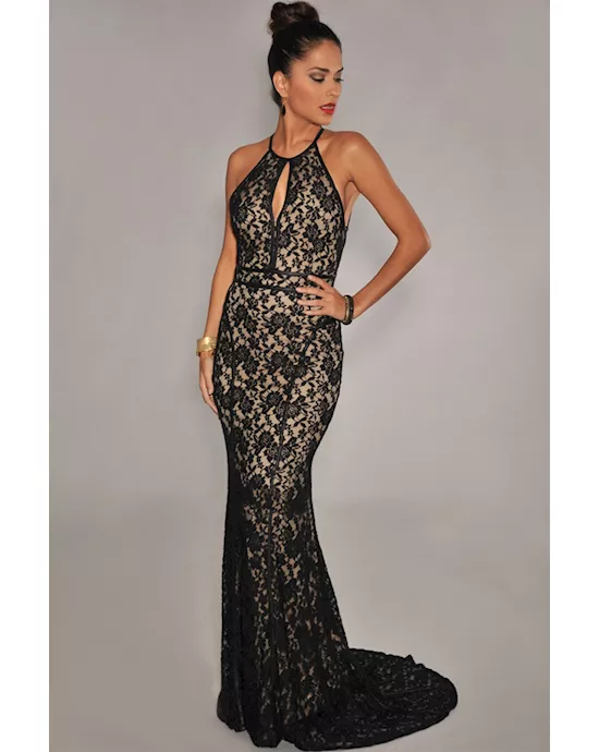 black lace nude illusion open back evening gown