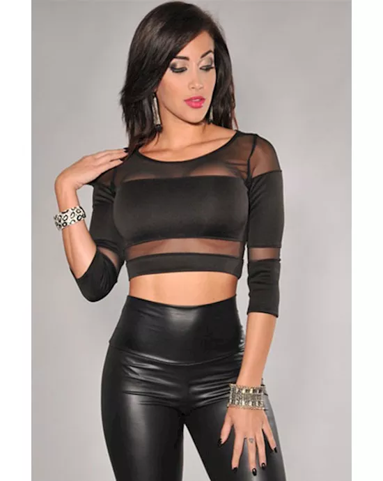 black mesh 3 4 sleeves cropped party club top