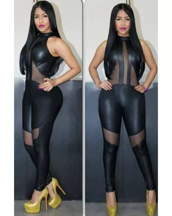 black mesh cutout leather jumpsuit