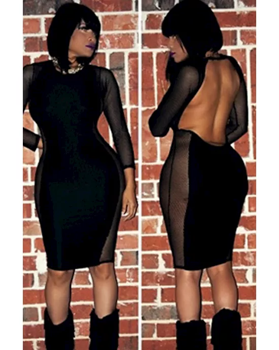 black mesh stitching curvaceous midi dress