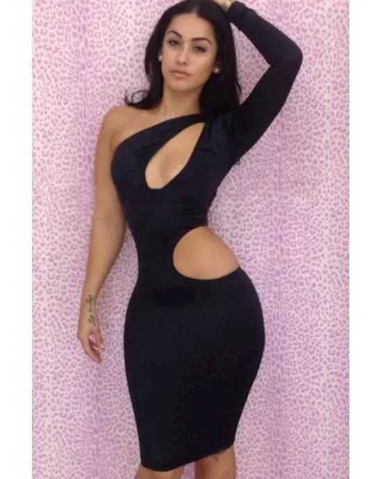 black one-shoulder cutout club bodycon dress
