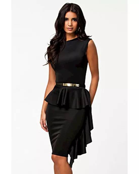 black one-side draped stylish peplum dress