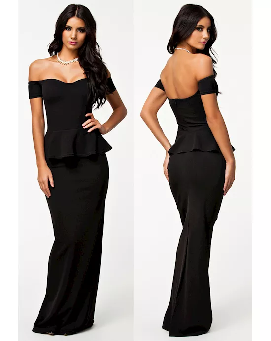 black peplum maxi dress with drop shoulder